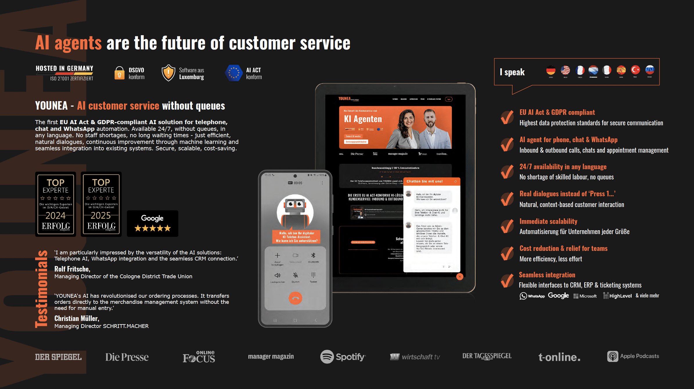 YOUNEA AI agents platform for customer service automation, offering GDPR- and EU AI Act-compliant solutions for phone, chat, and WhatsApp. Features include 24/7 multilingual support, real-time conversations, seamless CRM and ERP integration, and scalable white-label AI solutions.