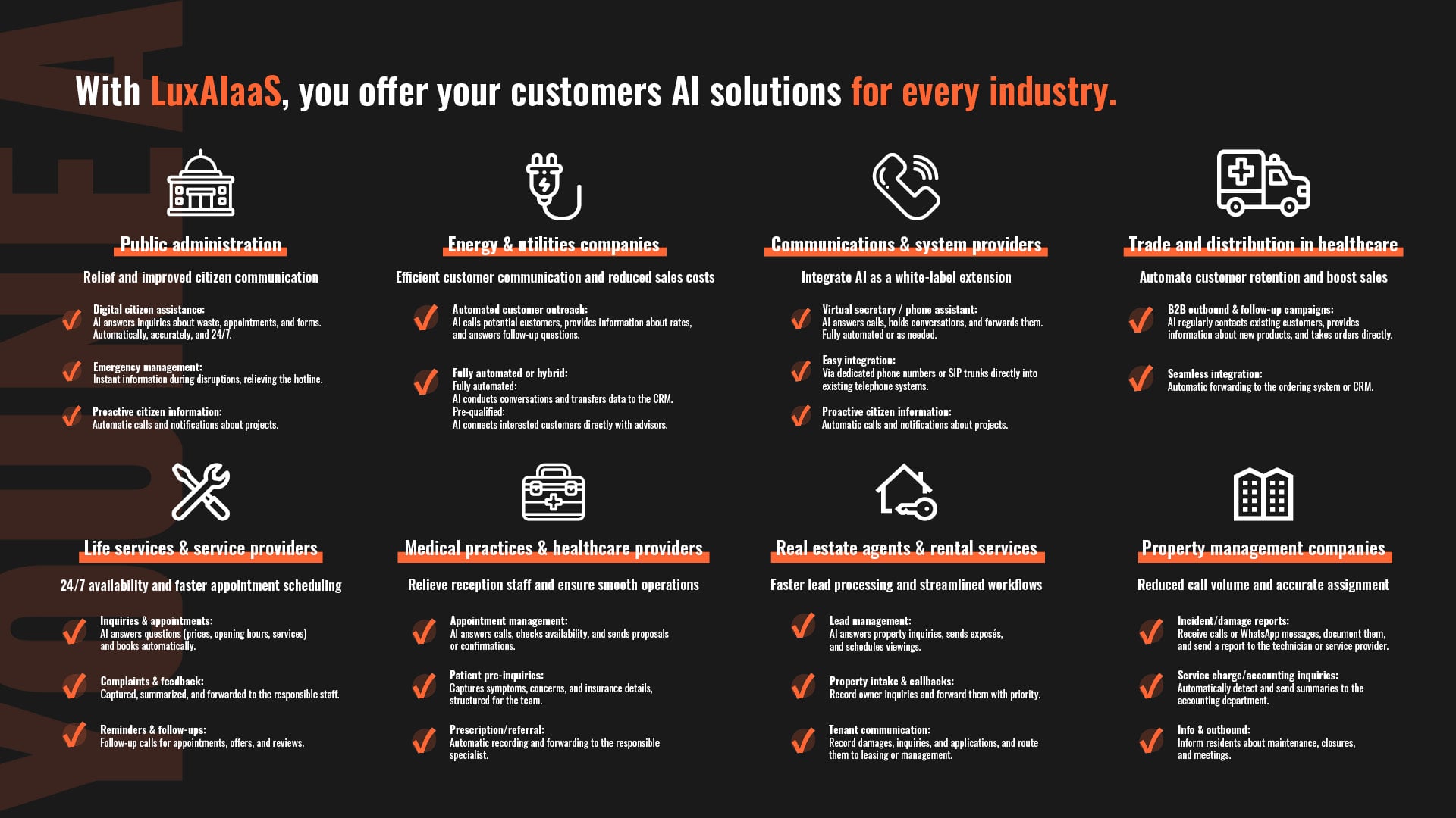 LuxAIaaS AI solutions for multiple industries, including public administration, energy, healthcare, real estate, property management, and service providers, enabling automated customer communication, appointment scheduling, and process optimization.