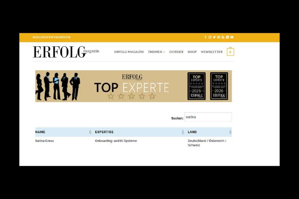 Erfolg Magazin website featuring YOUNEA as a Top Expert in the DACH region